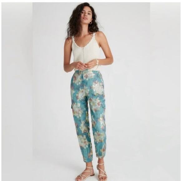 Anthropologie Pants - Anthropologie Emilya Utility Cargo Blue Floral Jacquard Pants Women's Size XS